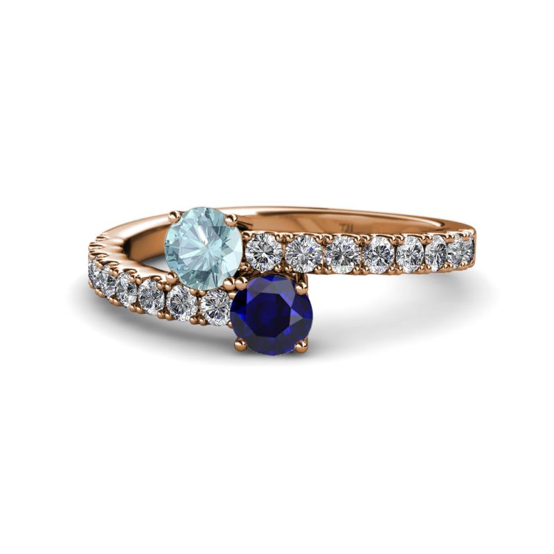 Delise 5.00mm Round Aquamarine and Blue Sapphire with Side Diamonds Bypass Ring 