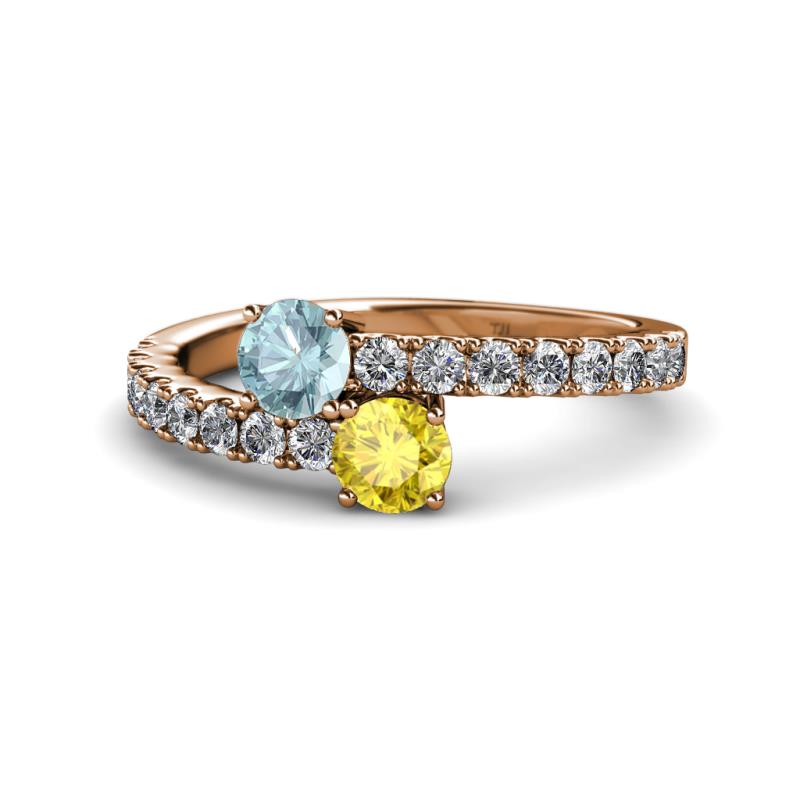 Delise 5.00mm Round Aquamarine and Yellow Sapphire with Side Diamonds Bypass Ring 