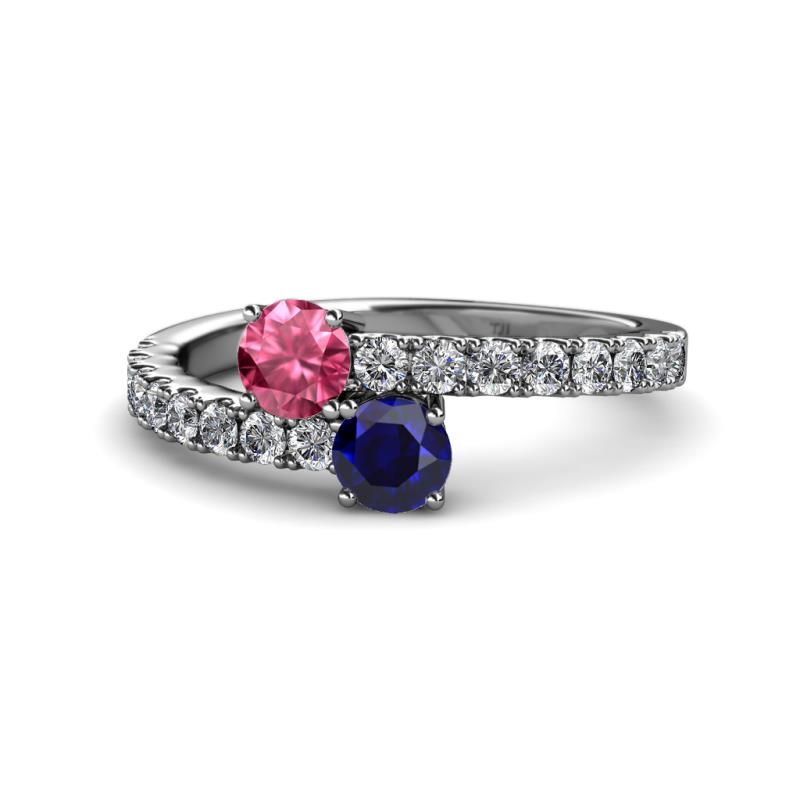 Delise 5.00mm Round Pink Tourmaline and Blue Sapphire with Side Diamonds Bypass Ring 