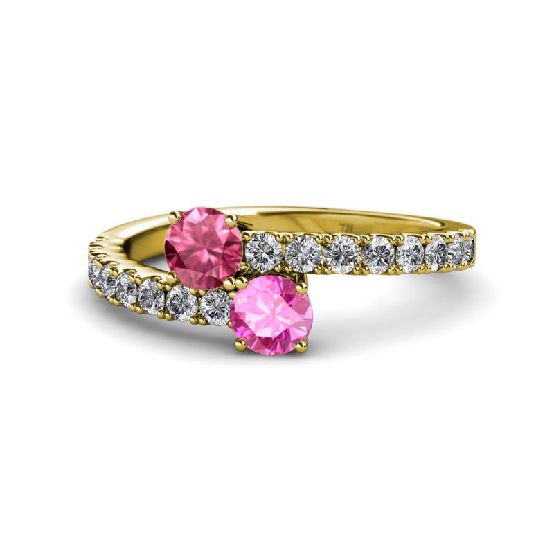 Delise 5.00mm Round Pink Tourmaline and Pink Sapphire with Side Diamonds Bypass Ring 