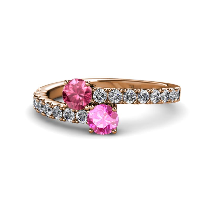 Delise 5.00mm Round Pink Tourmaline and Pink Sapphire with Side Diamonds Bypass Ring 