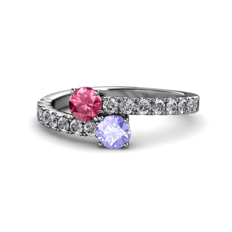 Delise 5.00mm Round Pink Tourmaline and Tanzanite with Side Diamonds Bypass Ring 