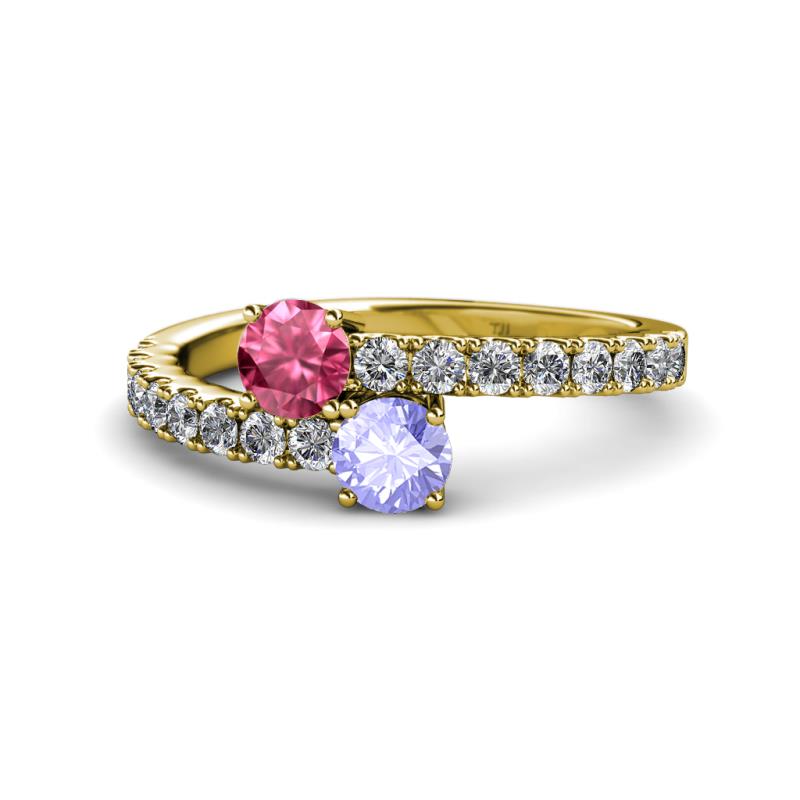Delise 5.00mm Round Pink Tourmaline and Tanzanite with Side Diamonds Bypass Ring 