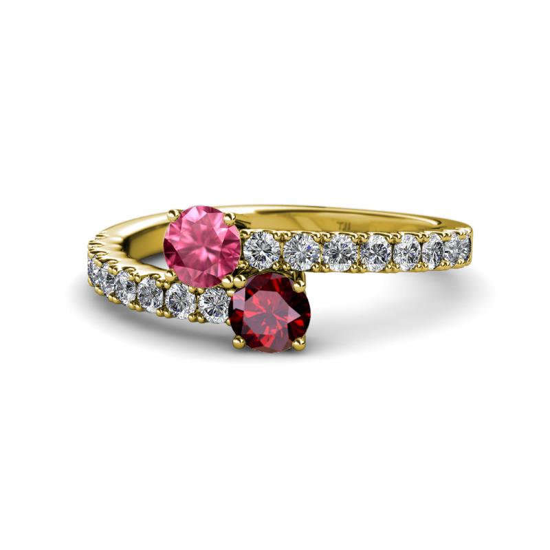 Delise 5.00mm Round Pink Tourmaline and Ruby with Side Diamonds Bypass Ring 