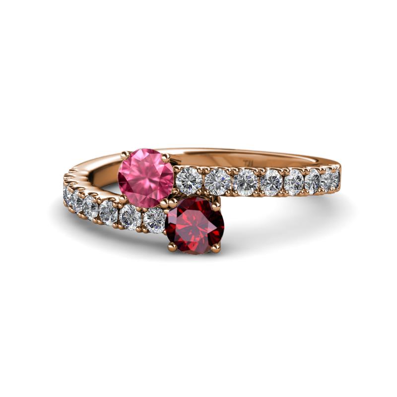 Delise 5.00mm Round Pink Tourmaline and Ruby with Side Diamonds Bypass Ring 