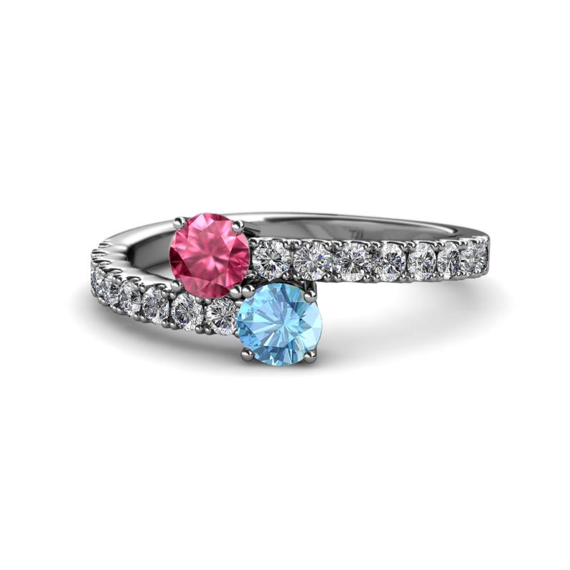 Delise 5.00mm Round Pink Tourmaline and Blue Topaz with Side Diamonds Bypass Ring 