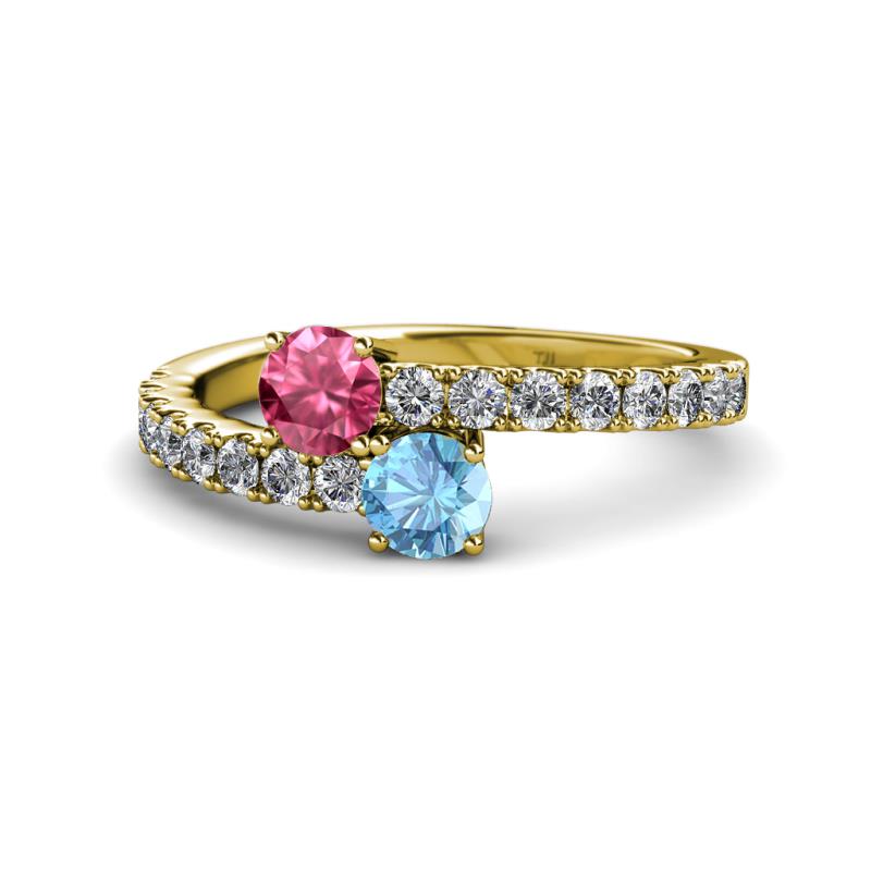 Delise 5.00mm Round Pink Tourmaline and Blue Topaz with Side Diamonds Bypass Ring 