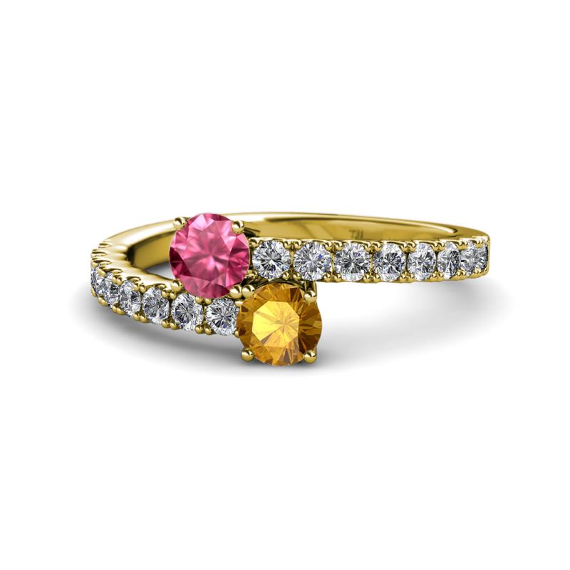 Delise 5.00mm Round Pink Tourmaline and Citrine with Side Diamonds Bypass Ring 
