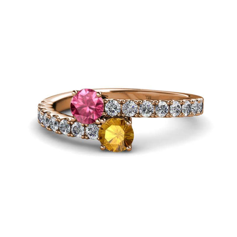 Delise 5.00mm Round Pink Tourmaline and Citrine with Side Diamonds Bypass Ring 