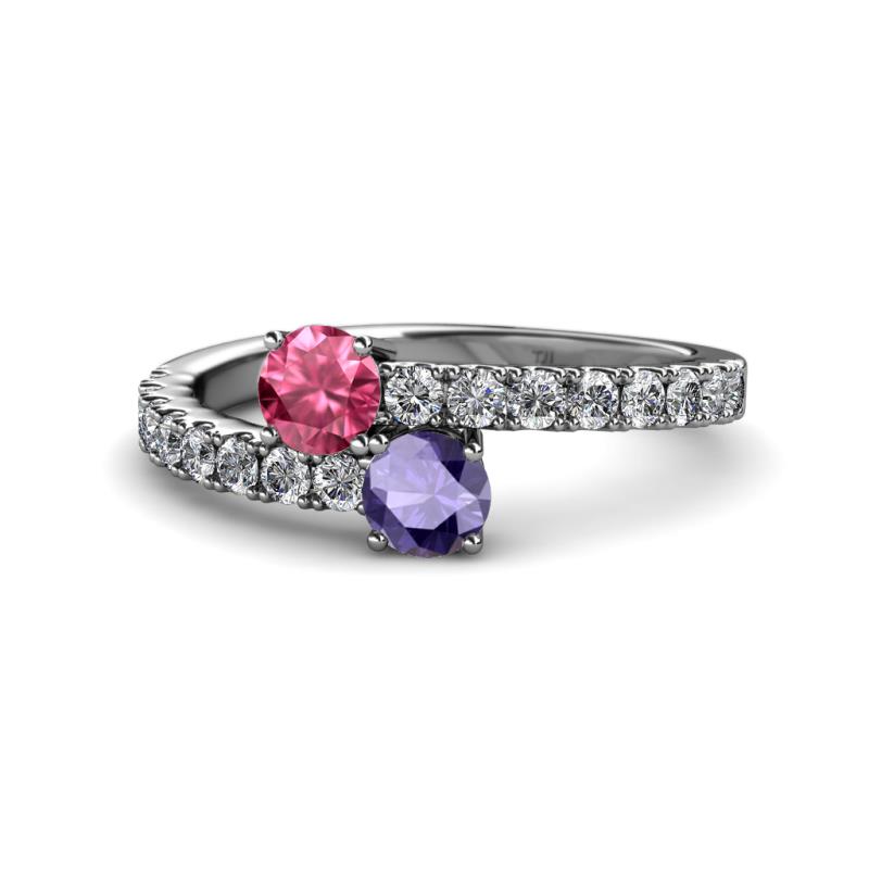 Delise 5.00mm Round Pink Tourmaline and Iolite with Side Diamonds Bypass Ring 