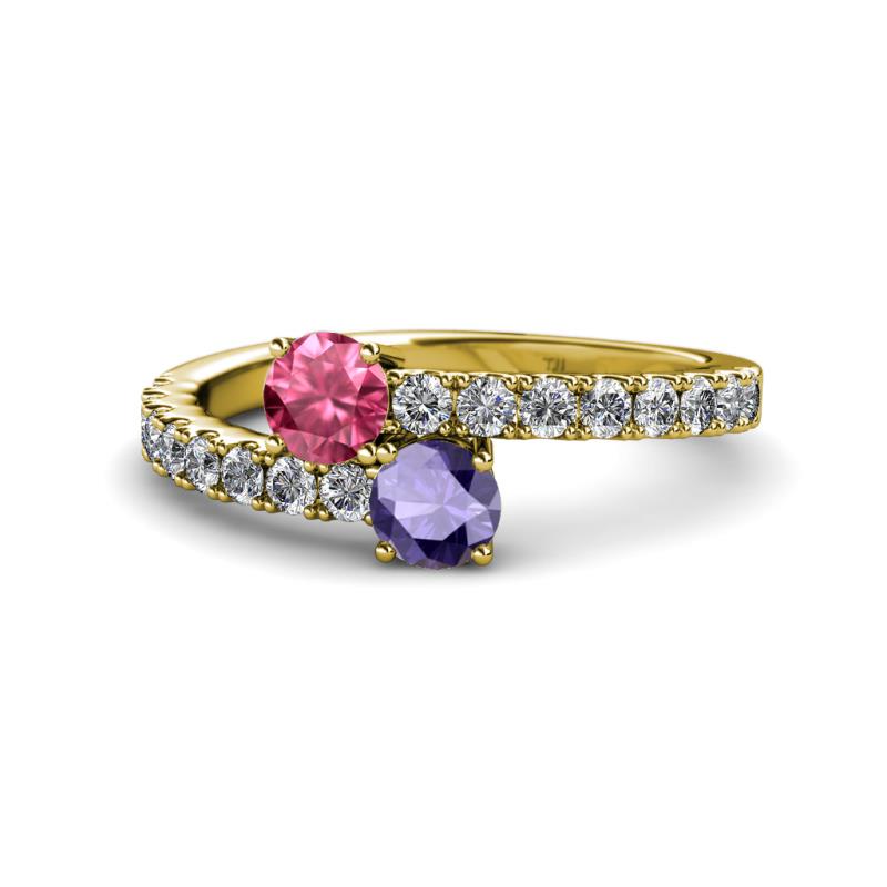 Delise 5.00mm Round Pink Tourmaline and Iolite with Side Diamonds Bypass Ring 