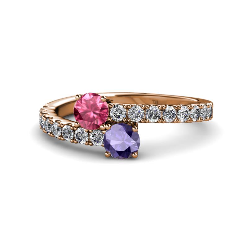 Delise 5.00mm Round Pink Tourmaline and Iolite with Side Diamonds Bypass Ring 