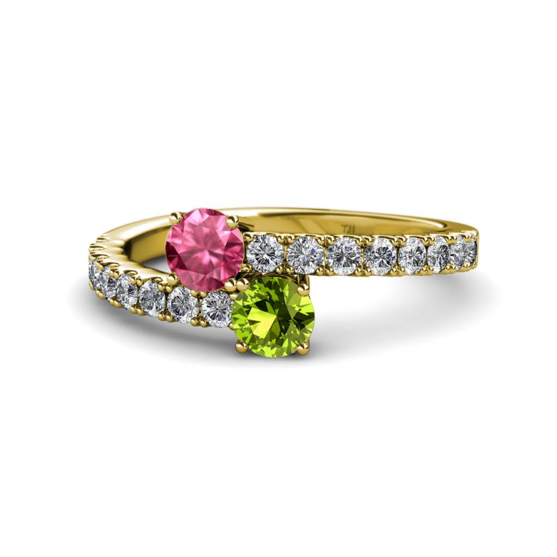 Delise 5.00mm Round Pink Tourmaline and Peridot with Side Diamonds Bypass Ring 