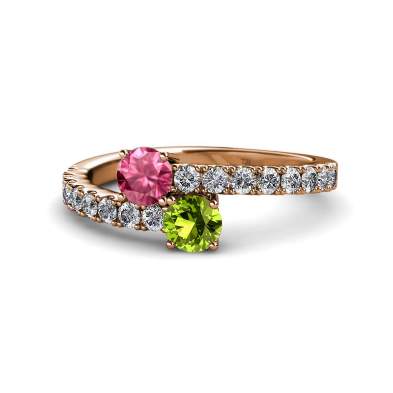 Delise 5.00mm Round Pink Tourmaline and Peridot with Side Diamonds Bypass Ring 