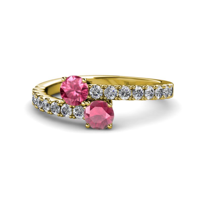 Delise 5.00mm Round Pink Tourmaline and Rhodolite Garnet with Side Diamonds Bypass Ring 