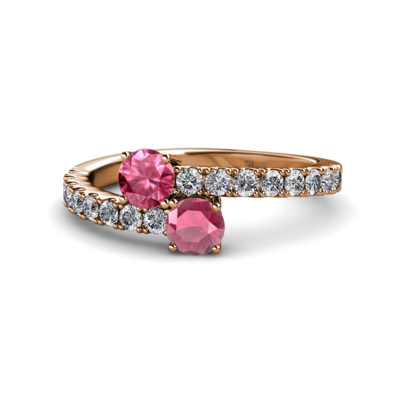 Delise 5.00mm Round Pink Tourmaline and Rhodolite Garnet with Side Diamonds Bypass Ring 