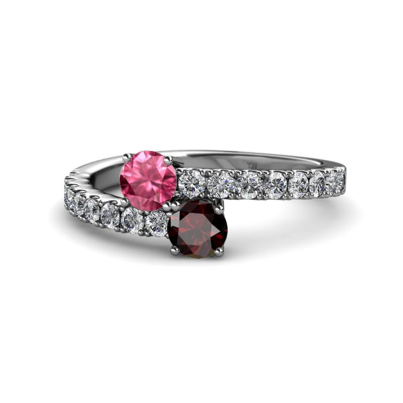 Delise 5.00mm Round Pink Tourmaline and Red Garnet with Side Diamonds Bypass Ring 