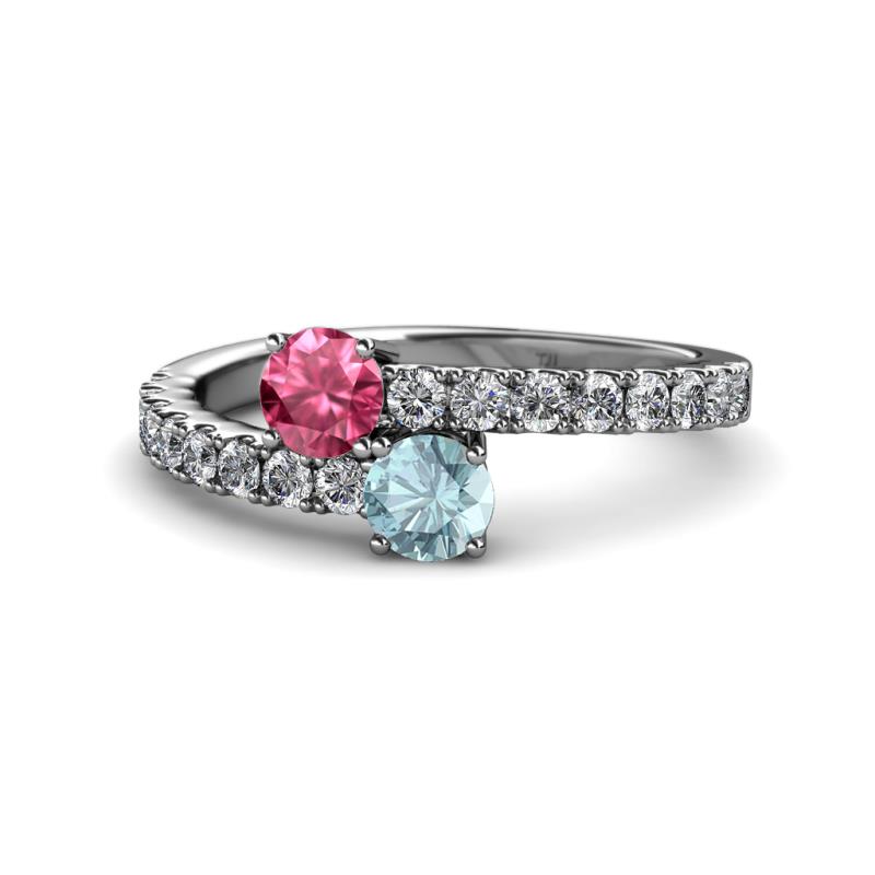 Delise 5.00mm Round Pink Tourmaline and Aquamarine with Side Diamonds Bypass Ring 