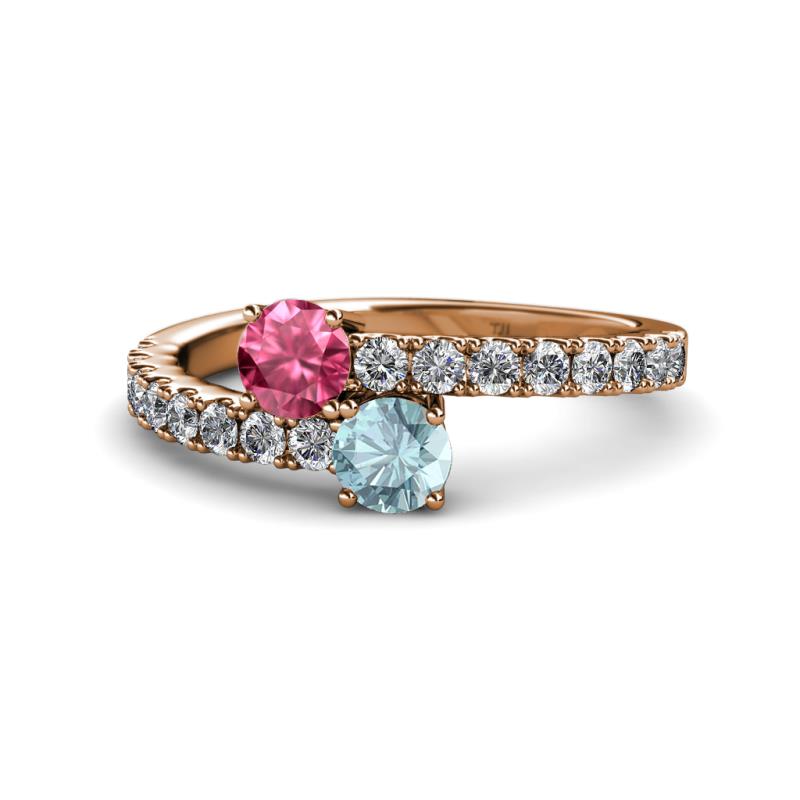 Delise 5.00mm Round Pink Tourmaline and Aquamarine with Side Diamonds Bypass Ring 