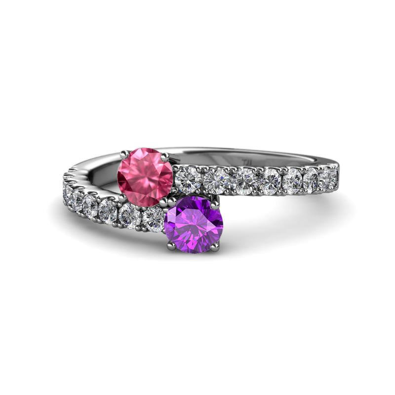 Delise 5.00mm Round Pink Tourmaline and Amethyst with Side Diamonds Bypass Ring 