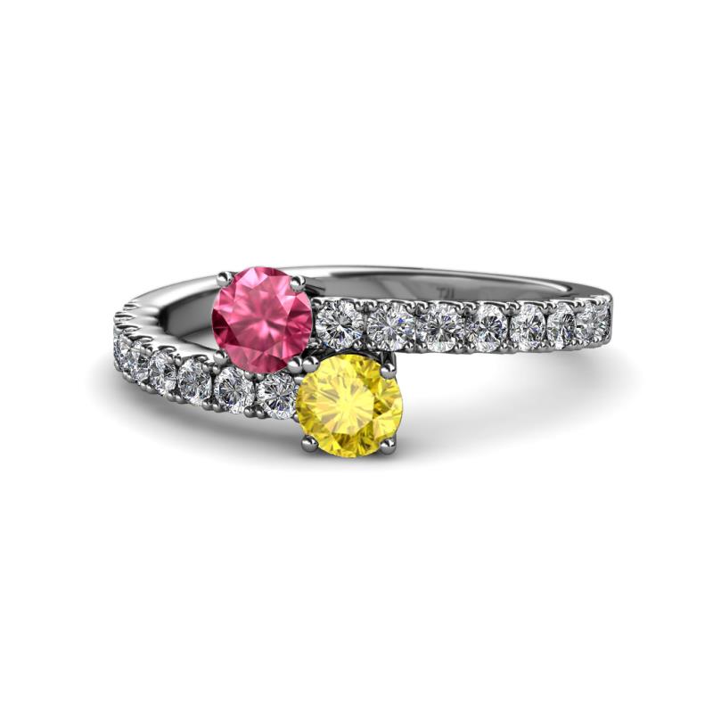 Delise 5.00mm Round Pink Tourmaline and Yellow Sapphire with Side Diamonds Bypass Ring 