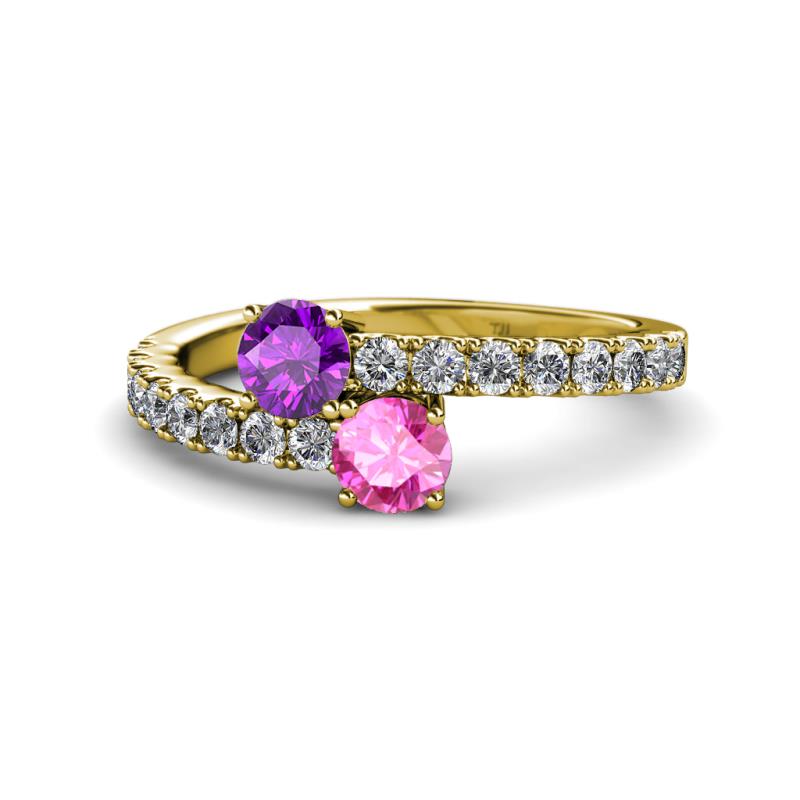 Delise 5.00mm Round Amethyst and Pink Sapphire with Side Diamonds Bypass Ring 