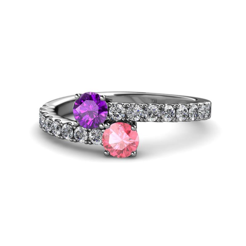 Delise 5.00mm Round Amethyst and Pink Tourmaline with Side Diamonds Bypass Ring 