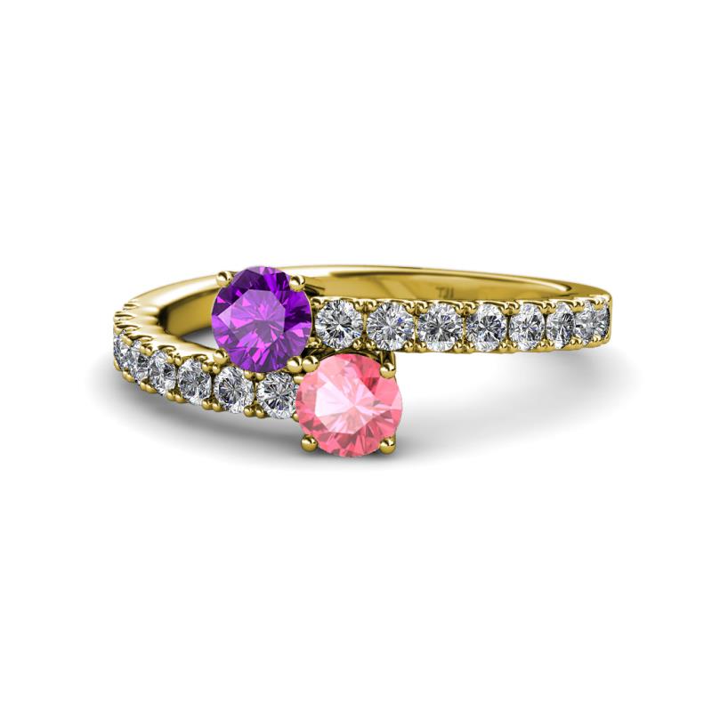 Delise 5.00mm Round Amethyst and Pink Tourmaline with Side Diamonds Bypass Ring 