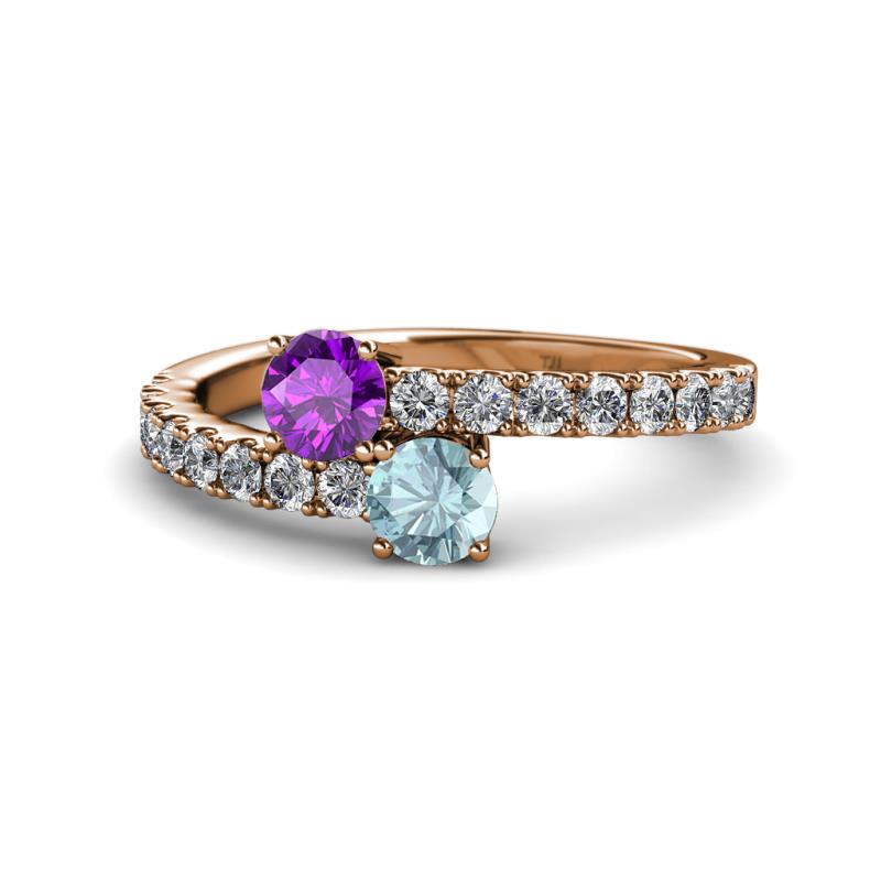 Delise 5.00mm Round Amethyst and Aquamarine with Side Diamonds Bypass Ring 