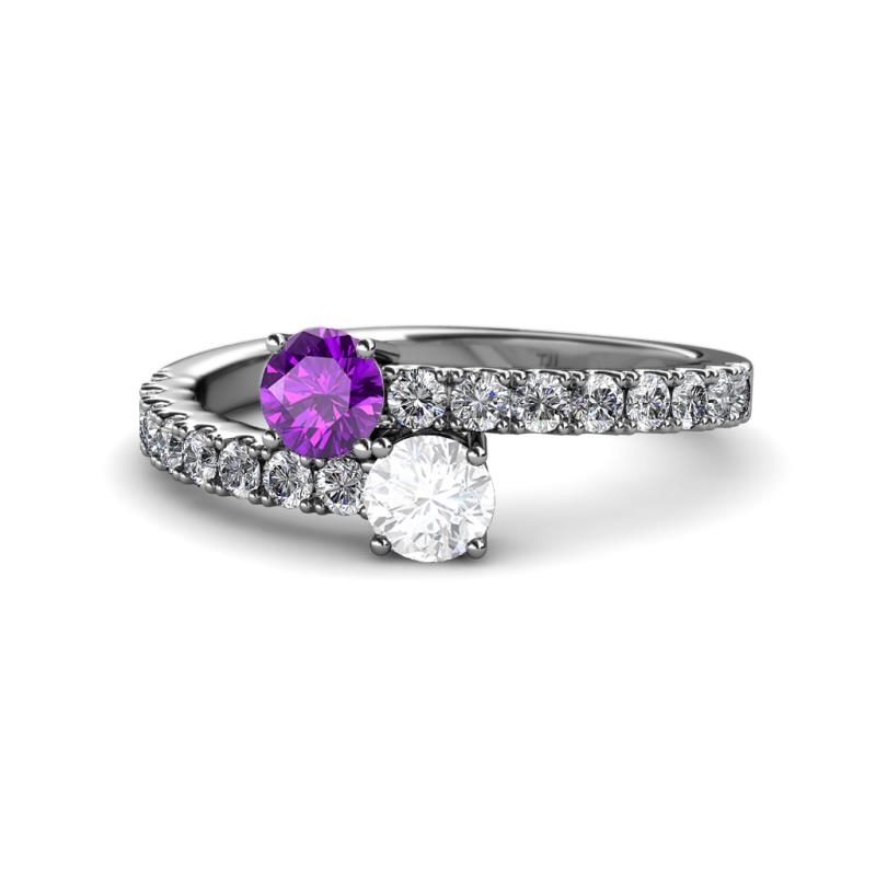 Delise 5.00mm Round Amethyst and White Sapphire with Side Diamonds Bypass Ring 