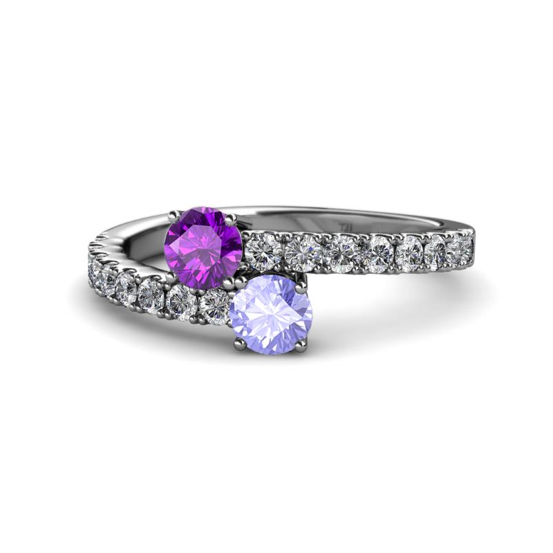 Delise 5.00mm Round Amethyst and Tanzanite with Side Diamonds Bypass Ring 