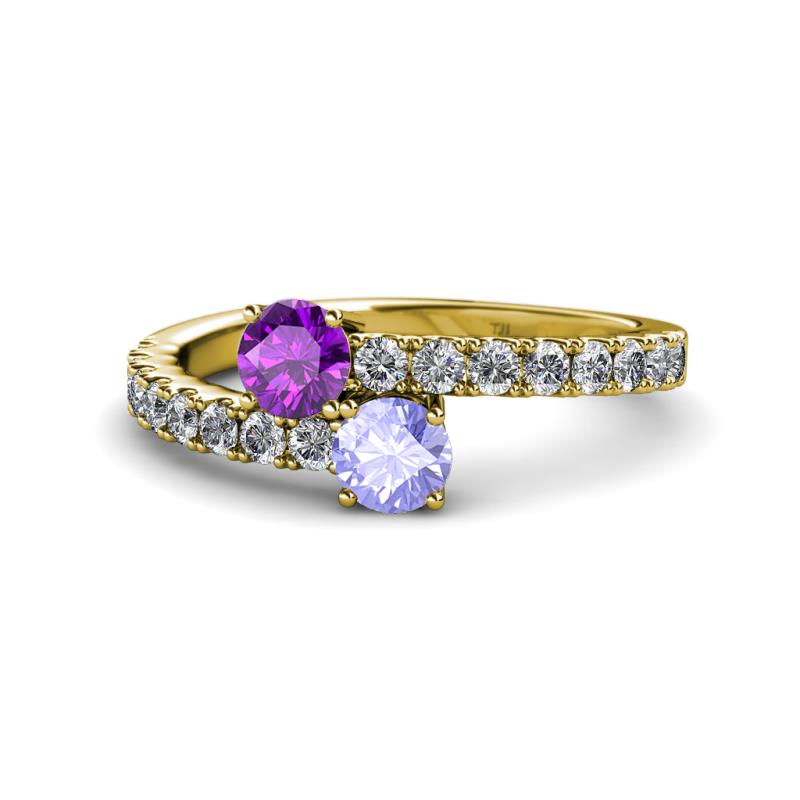 Delise 5.00mm Round Amethyst and Tanzanite with Side Diamonds Bypass Ring 