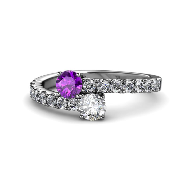 Delise 5.00mm Round Amethyst and Diamond with Side Diamonds Bypass Ring 
