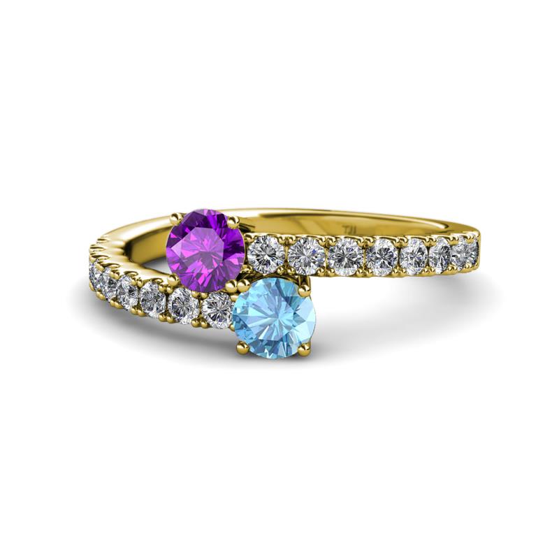 Delise 5.00mm Round Amethyst and Blue Topaz with Side Diamonds Bypass Ring 