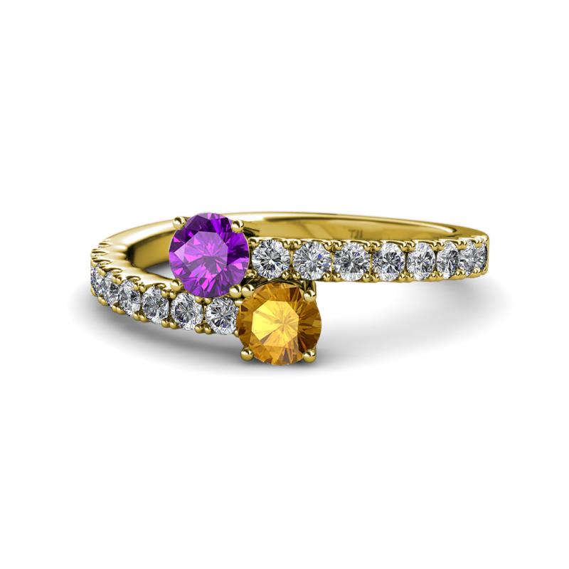 Delise 5.00mm Round Amethyst and Citrine with Side Diamonds Bypass Ring 