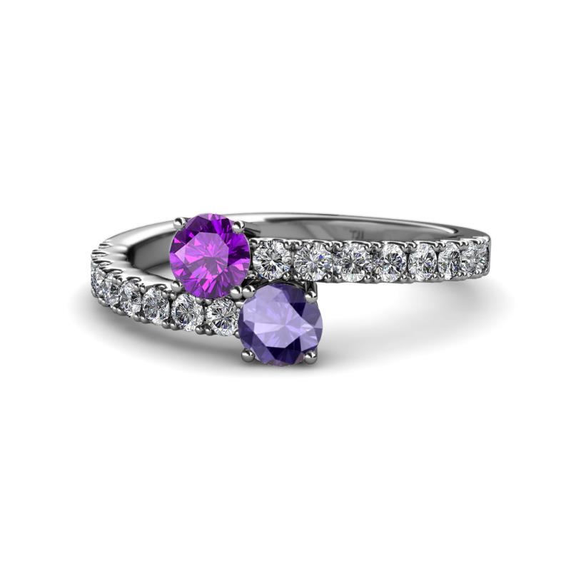 Delise 5.00mm Round Amethyst and Iolite with Side Diamonds Bypass Ring 