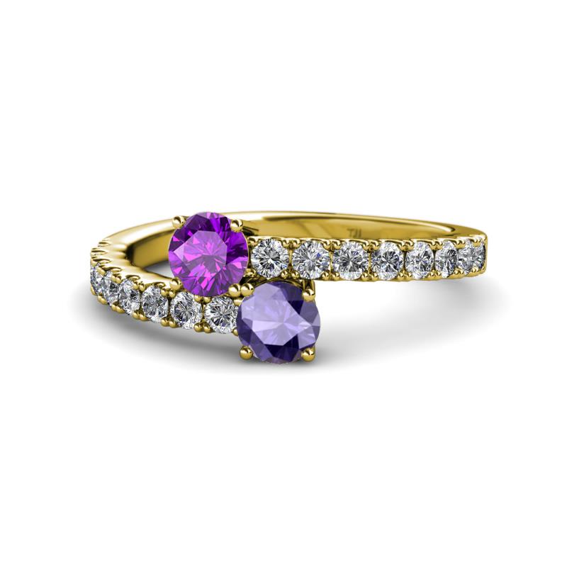 Delise 5.00mm Round Amethyst and Iolite with Side Diamonds Bypass Ring 