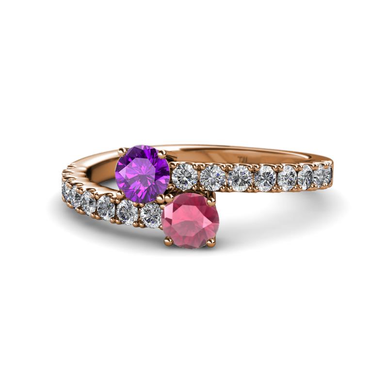 Delise 5.00mm Round Amethyst and Rhodolite Garnet with Side Diamonds Bypass Ring 