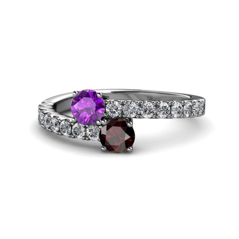 Delise 5.00mm Round Amethyst and Red Garnet with Side Diamonds Bypass Ring 