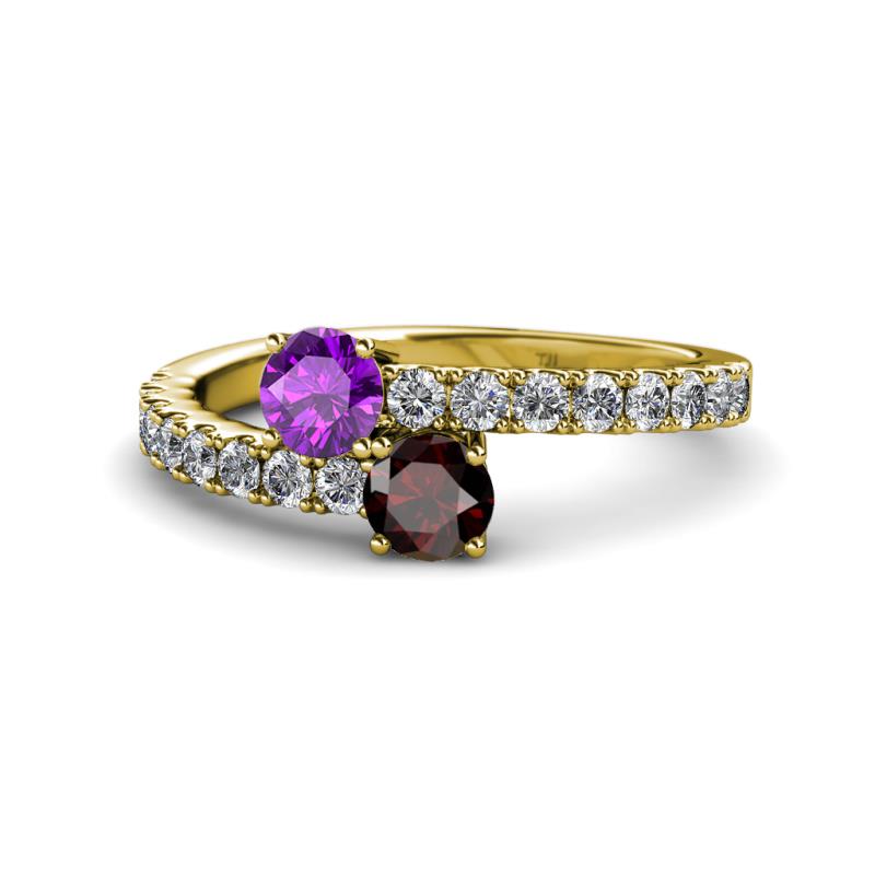 Delise 5.00mm Round Amethyst and Red Garnet with Side Diamonds Bypass Ring 