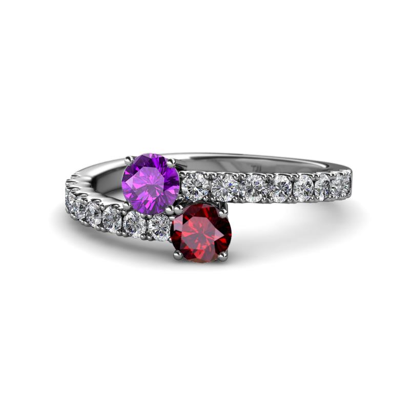 Delise 5.00mm Round Amethyst and Ruby with Side Diamonds Bypass Ring 