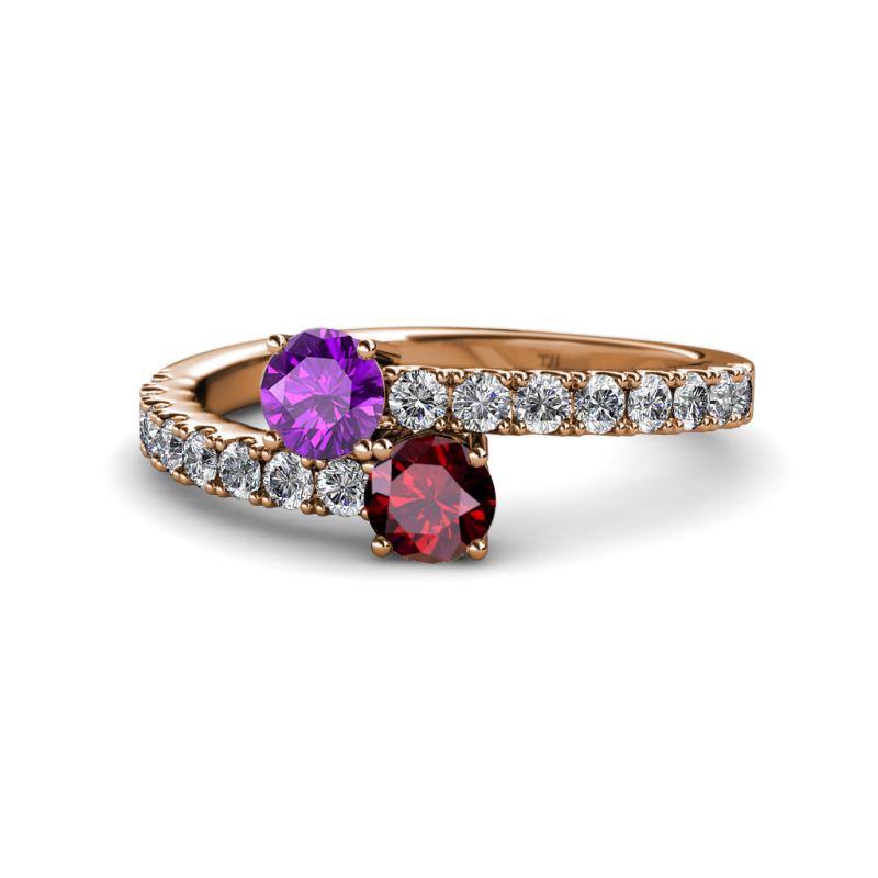 Delise 5.00mm Round Amethyst and Ruby with Side Diamonds Bypass Ring 