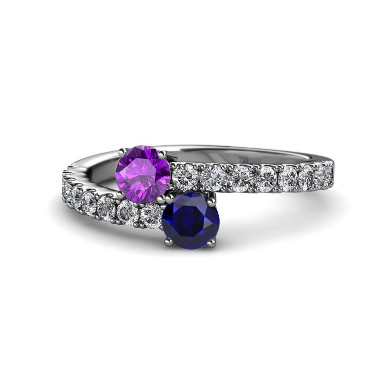 Delise 5.00mm Round Amethyst and Blue Sapphire with Side Diamonds Bypass Ring 