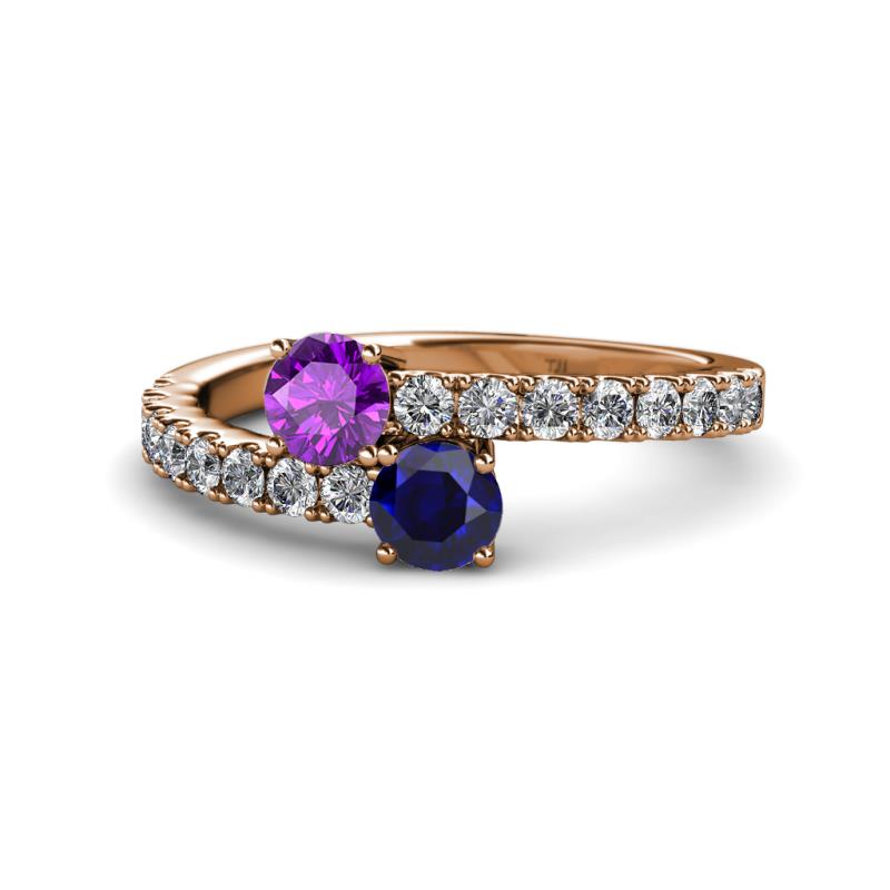 Delise 5.00mm Round Amethyst and Blue Sapphire with Side Diamonds Bypass Ring 
