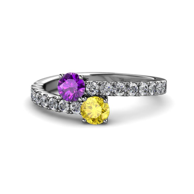 Delise 5.00mm Round Amethyst and Yellow Sapphire with Side Diamonds Bypass Ring 