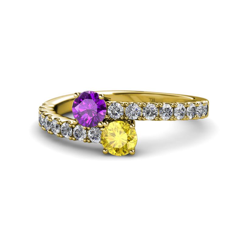 Delise 5.00mm Round Amethyst and Yellow Sapphire with Side Diamonds Bypass Ring 