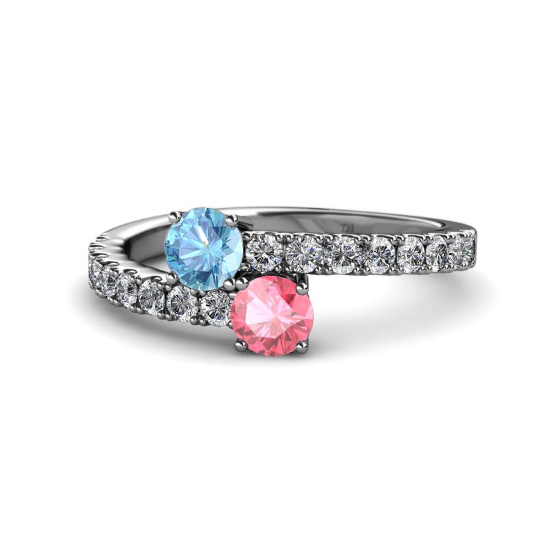 Delise 5.00mm Round Blue Topaz and Pink Tourmaline with Side Diamonds Bypass Ring 