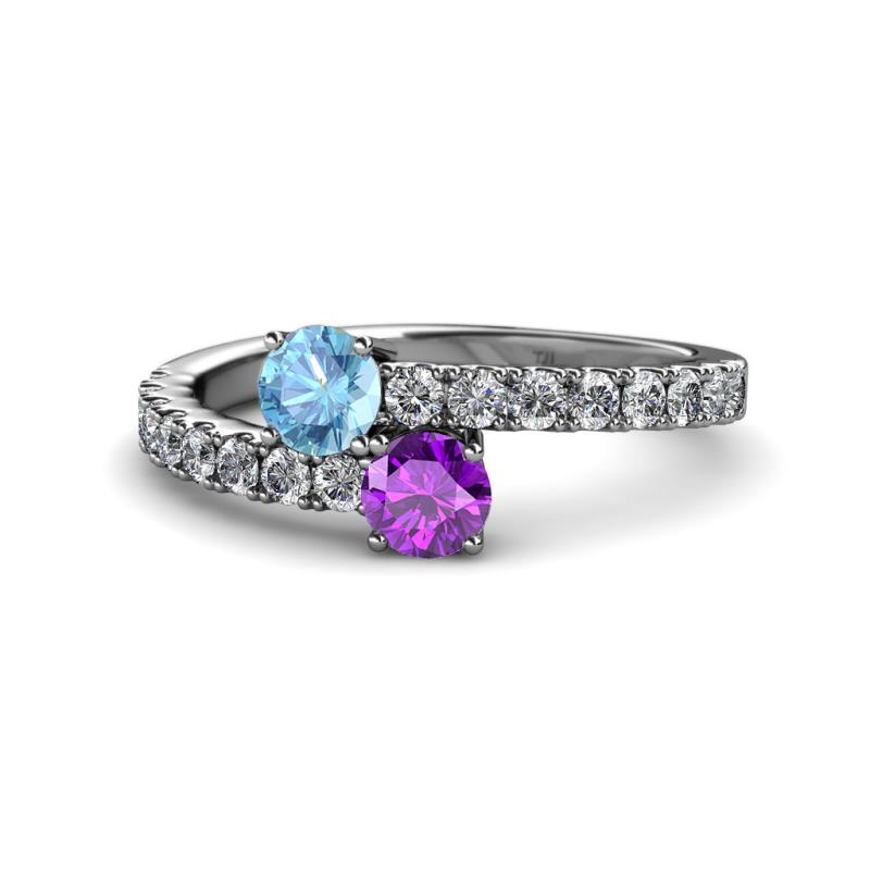 Delise 5.00mm Round Blue Topaz and Amethyst with Side Diamonds Bypass Ring 