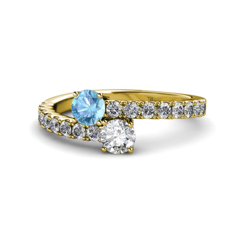 Delise 5.00mm Round Blue Topaz and Diamond with Side Diamonds Bypass Ring 