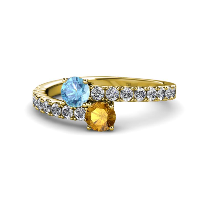 Delise 5.00mm Round Blue Topaz and Citrine with Side Diamonds Bypass Ring 
